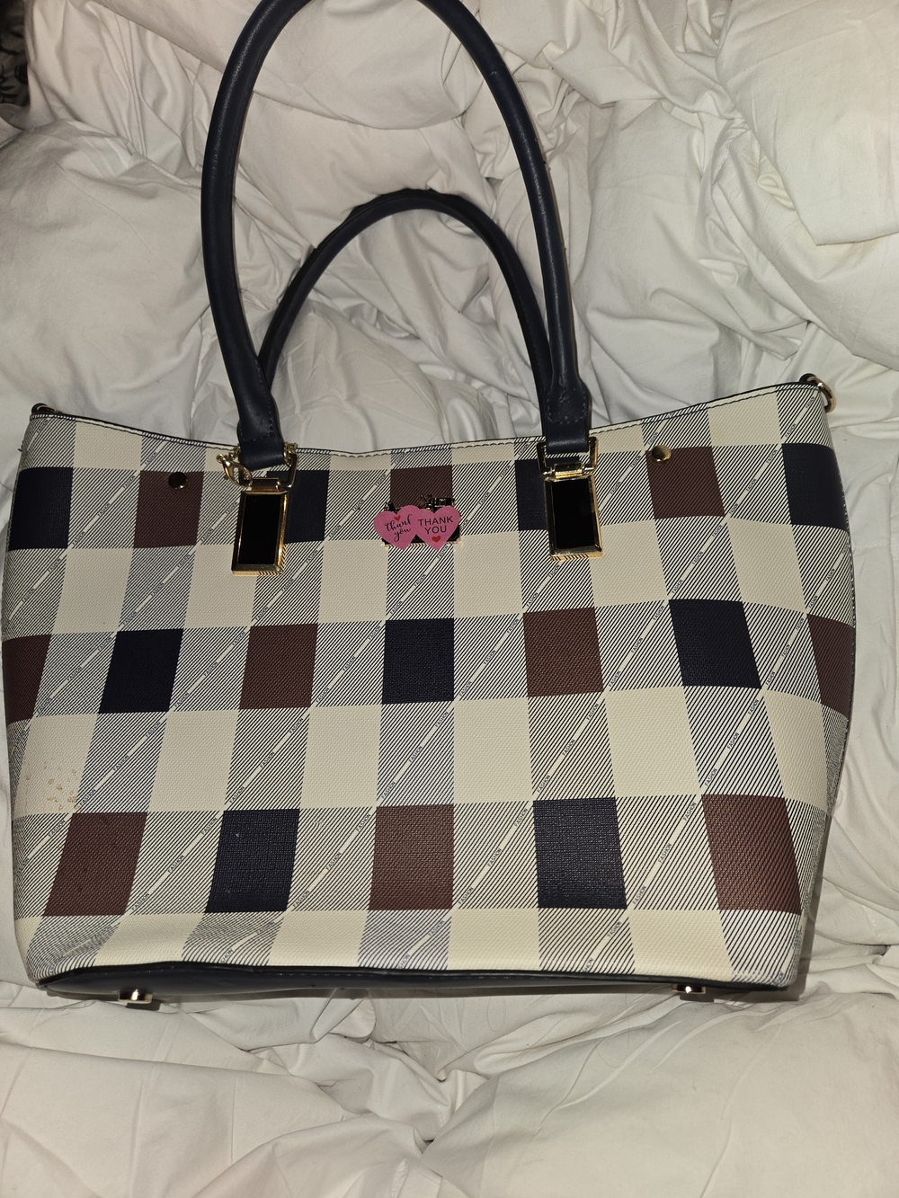 Classic Plaid Tote Bag in Navy, Brown & Cream - Designer Style